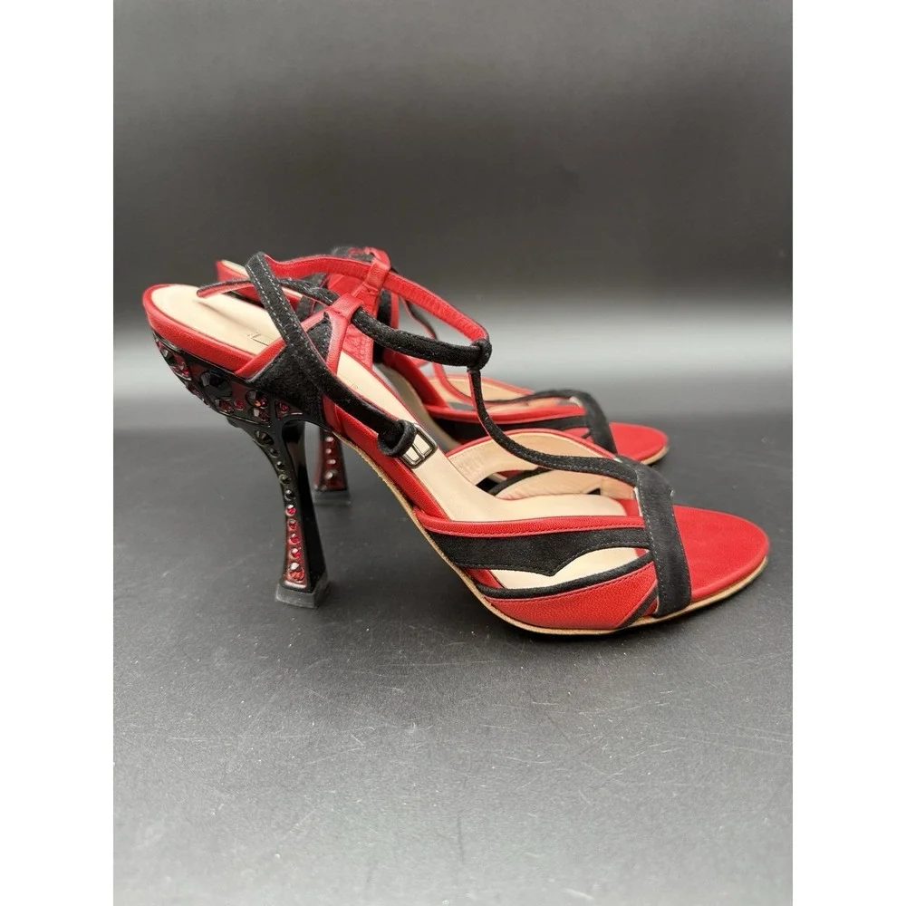 Miu Miu Liberty Rosso Crystal embelished jeweled heel red pumps sz 36 1/2